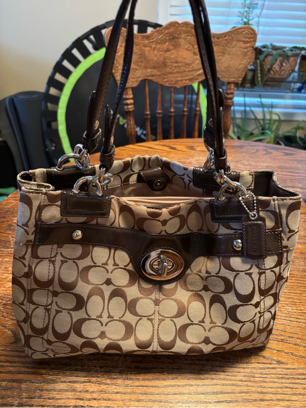 Coach Signature Brown/Tan Fabric and Patent Leather Satchel Silver Hardware